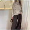 Cardigã feminino grosso de tricô 100% lã com botões diagonais e gola virada, suéter casual e macio, novo top de outono e inverno