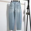 Foto Real de Jeans Azules Claros con Corte de Guadaña para Mujer, Primavera y Otoño, Tallas Grandes, Versión Estrecha, Pantalones Anchos Rectos Holgados con Corte de Guadaña, Largo hasta el Suelo, Algodón