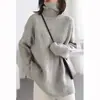 Suéter Gola Alta de Manga Longa em Lã Pura para Mulheres, Novo Suéter Base de Malha Canelada Slim-Fit Outono e Inverno