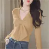 Estilo Francês Primavera e Outono Único Chique Laço Ajustado Camisa Base Tricotada Design de Suéter Feminino Nicho Manga Longa Top