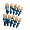 Uñas Postizas Portátiles Hechas a Mano Color Azul Nude Ojo de Gato con Diamante Azul de Lujo Ligero Flor 3D Mariposa Pegatinas para Uñas