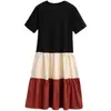 Vestido de verano nuevo de color liso con costuras de color de contraste para mujer estudiante, cuello redondo, manga corta, holgado, talla grande, falda de gran vuelo, falda para mujer embarazada