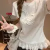 Camiseta de Manga Corta de Color Sólido con Encaje y Lazo Estilo Dulce para Mujer Verano Nueva Era Delgado Reductor de Edad Estilo Corto