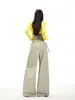 Ropa de Mujer de Seda Naranja # Pantalones Cargo Casuales Azul Marino Estilo Chica Americana Caliente para Mujer en Otoño e Invierno, Pantalones de Pierna Ancha Versátiles con Caída hasta el Suelo
