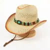 Chapéu de Palha Europeu e Americano para Comércio Exterior com Recortes para Uso Externo, Chapéu de Cowboy Ocidental, Chapéu Turquesa com Estilo Étnico, Chapéu Retro Jazz