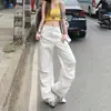 Novas calças de trabalho de algodão puro, jeans casuais de perna larga para mulheres, corte solto com bolsos aplicados, estilo de moda relaxado e único