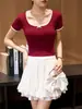 # 260g Youkesi Calidad Premium # Camiseta de Encaje para Mujer, Nuevo Estilo de Verano, Cuello Redondo, Moño, Mangas Cortas, Color de Contraste, Top de Cintura Alta