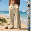 Novas Calças de Linho Retas Largas Casuais para Homem Europeu e Americano tk Cor Sólida Cordão Perna Larga Calças de Praia Estilo Multicolor
