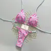 2026 Exclusivo Transfronteiriço Estilo Garota Popular Bikini Rosa e Azul com Estampa de Coração Amarração Triângulo Tanga Maiô Duas Peças