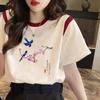 Camiseta de hombro de manga corta para mujer, holgada, para chica gordita, cubre abdomen, de algodón, verano 2024, talla grande, top de media manga a color contrastante, INS