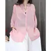 Top Casual de Algodón y Lino Nuevo Verano 2025, Corte Holgado, Versátil, Único, Oversize, Color Sólido, Manga Larga, Ligero, Camisa Protectora Solar
