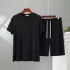 Conjunto Duas Peças Masculino Gola Redonda Manga Curta Calça Five-Point Modal Verão Casual Simples Roupa de Casa