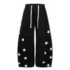 Calça Jogger Masculina com Estampa de Estrela de Cinco Pontas e Retalhos em Formato de Cimitarra, Solta, Casual, High Street, Hip-Hop, Cordão, Esportiva, Perna Larga