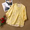 Camisa de Brocado Brillante Bordada Pesada Estilo Chino Nuevo 2026 con Mangas Tres Cuartos para Mujer, Top Delgado Versátil Elegante de Alta Gama