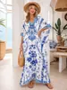 Vestido Largo Estampado de Cuello en V Estilo Bohemio Nuevo 2026, Cubre-traje Holgado Protector Solar, Vestido para Vacaciones en la Playa
