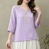 Camiseta de Algodón y Lino Bordada con Cuello en V Artístico Vintage para Mujer, Suéter Casual Holgado, Top Adelgazante