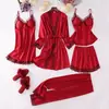 Pijamas de Boda para Mujer Conjunto de Cinco Piezas Primavera y Otoño Verano Seda Helada Tirantes Sexy Talla Grande Camisón de Luna de Miel Bata de Mañana Nupcial Este Año de Vida