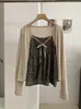 KEKEZOON Cardigan Feminino Gola V Manga Longa com Tira de Laço Floral Camada Dupla Tendência 8726