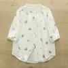 Camisa Floral de Gasa de Algodón de Doble Capa con Cuello en V y Mangas a Media Longitud para Mujer, Nuevo Estilo de Verano, Casual, Suave, Amigable con la Piel, Transpirable, Camisa de Manga Tres Cuartos