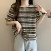 Camiseta listrada de manga curta estilo francês para mulheres, plus size de verão, esconde a barriga, emagrece, top de renda vintage