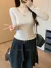 Suéter tejido de encaje para niña con cuello en V y mangas largas para mujer, nuevo estilo de otoño e invierno, ajuste ceñido que estiliza, capa base pura y deseable, top corto