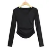 Camiseta de Manga Larga Plisada para Mujer Estilo Hot Girl Verano 2022 Nueva Moda Europea y Americana Elegante Ajustada Cuello en V Aspecto Adelgazante Top