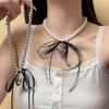 Collar con colgante de amor de metal dulce de verano con lazo y perlas para mujer, cadena de clavícula elegante y fresca.