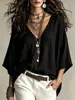 Top casual de algodón y lino para mujer, de manga tres cuartos, corte holgado, con cuello en V, para otoño, Amazon transfronterizo europeo y americano