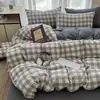 Juego de Ropa de Cama Cuatro Piezas de Lino Retro Grueso con Pliegues y Cuadros, Algodón Lavado al Agua Amigable con la Piel, Funda Nórdica, Sábana Plana, Sábana Ajustable