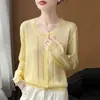 26 Nuevo Cardigan de Punto de Encaje de Bambú Primavera/Verano Cuello Redondo Manga Larga Color Sólido Hueco Delgado Camisa Protectora Solar