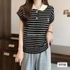 Suéter de Punto de Solapa Casual Elegante de Estilo Coreano Nuevo de Verano 2024 a Rayas en Contraste de Color Suelto de Manga Corta Top Combinable para Mujer