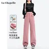 Calça jeans reta rosa sujo para mulheres Tendência Primavera 2024 Versátil Nova Cintura Alta Draping Alongada Perna Estreita Perna Larga