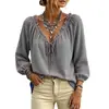 2026 Camiseta Casual Cómoda de Manga Larga Waffle para Mujer, Estilo Europeo y Americano, Cuello en V, Correa de Corbata, Top de Corte Holgado