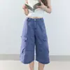 Calça Jeans Cargo Laranja # Azul Infantil com Múltiplos Bolsos e Pernas Largas para Mulheres, Caimento Solto, Emagrecedora, Moderna, Versátil, Calça Cropped.