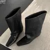 Botines negros de piel auténtica con 4 cm de aumento interno de altura, punta cuadrada pequeña, caña ancha, efecto adelgazante, botas de media pantorrilla, botas de montar