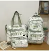 Set de Mochila Escolar con Patrón de Bambú y Tinta Estilo Chino, Mochila de Gran Capacidad, Mochila Ligera de Alta Estética, Set de Tres Piezas, Protección de la Columna y Reducción de Carga