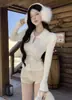 Cárdigan de Punto de Manga Larga con Bloques de Color y Solapa, Estilo Suave para Mujer, Abrigo Suéter Suave de Corte Ajustado para Otoño e Invierno, Top Elegante Versátil