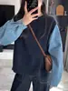 Tricô Feminino Splicing de Manga Jeans Japonês e Coreano Falso Duas Peças Moda Elegante Popular Solto Tricô Tricô Top