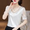 Camisa de gasa de manga corta con costuras de encaje de satén elástico de talla grande para mujer, ropa interior y exterior, nueva moda de primavera 2023