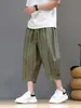Calças harém de perna reta para homens plus size, calças cropped de verão, tamanho grande, listradas, largas, novo estilo chinês, shorts finos casuais para uso externo