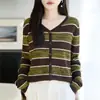 Cárdigan de Cuello en V para Mujer Bloque de Color Rayas Calado Manga Larga Prenda Exterior Superior Nuevo Estilo Principios de Otoño Top Interior Apilable