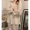 Pijama floral de encaje rústico para niñas, nuevo conjunto de primavera y otoño de manga larga y pantalón largo, ropa de casa de alta gama