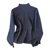 Suéter de tricô de veludo Andy para outono e inverno para mulheres, top com gola semi-alta e botões torcidos, camisa básica de manga longa com etiqueta de renda para mulheres