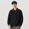 Camisa Polo Jeans Pesado de Alta Qualidade com Costura Contrastante Falsa de Duas Peças para Homens no Outono Moletom Americano Retrô com Gola de Veludo para Homens
