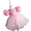Almacén en el extranjero vestido floral rosa de hombros descubiertos para niños con malla de cuentas para fotografía de fiesta de primer cumpleaños de niñas vestido de princesa