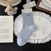 Meias Azuis-Cinza Listradas Estilo Coreano para Mulheres, Meias de Algodão Meia-Panturrilha, Meias Fofas de Cachorro com Desenho Animado Estilo Japonês da Moda