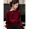 Suéter para Mujer 2025 Nuevo Estilo Otoño e Invierno, Muy Bonito y Elegante, Top de Punto Gris de Alta Gama con Lazo, Grueso