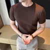 2026 Verano Nuevo para Hombre [Lana] Refrescante y Transpirable Estilo Old Money Cuello Redondo Tejido de Punto Manga Corta Elástico Rayado Camiseta para Hombre