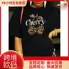 Camiseta Casual de Manga Corta para Mujer Talla Europea - Estampado de Leopardo Patrón de Cerezas con Letras Brillantes Cuello Redondo Top de Manga Corta para Mujer