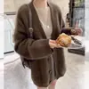 Cardigan suéter de pele de vison azul para mulheres, primavera e outono, estilo casual e relaxado, modelagem solta, top de malha macio e confortável